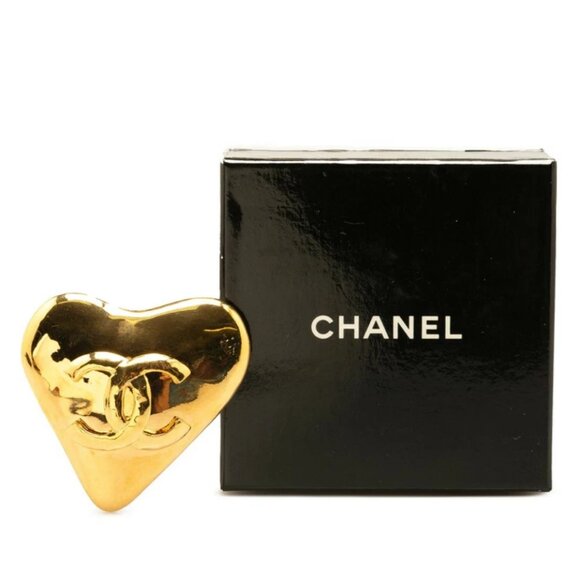 CHANEL CC Logo Heart Brooch Gold Tone Pin 93P Auth w/Box #04050 - Picture 6 of 6